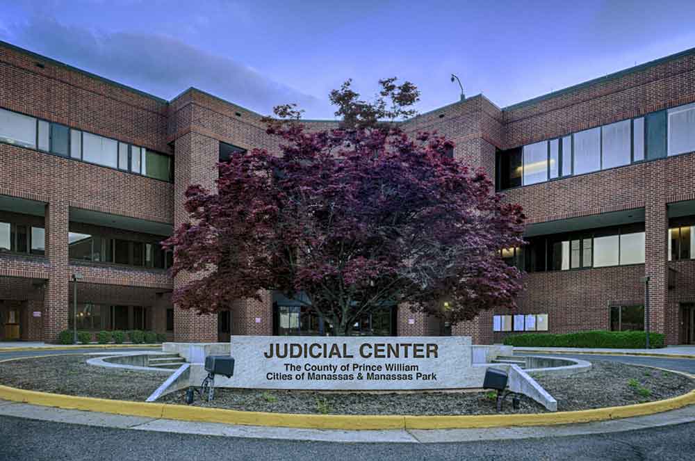 Photo of the main entrance of the Judicial Center in Manassas, Virginia